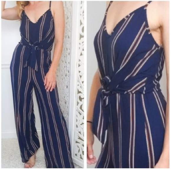 Navy Striped Knit Cami Front Tie Jumpsuit 1 LEFT - Picture 5 of 5